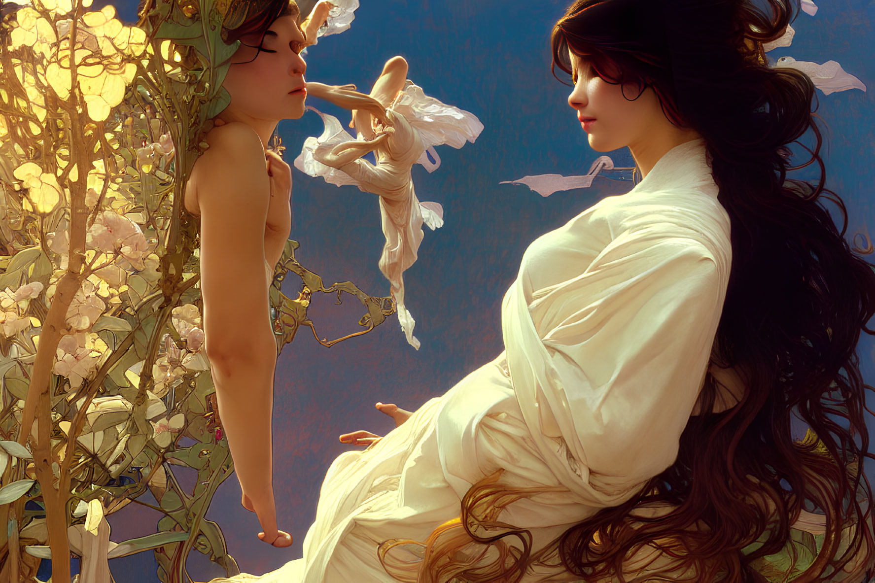 Woman in white dress gazes at winged creature among blooming flowers under golden light