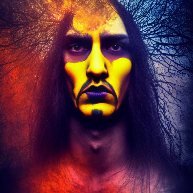 Person with Yellow and Black Tribal Face Paint in Mystical Forest Setting