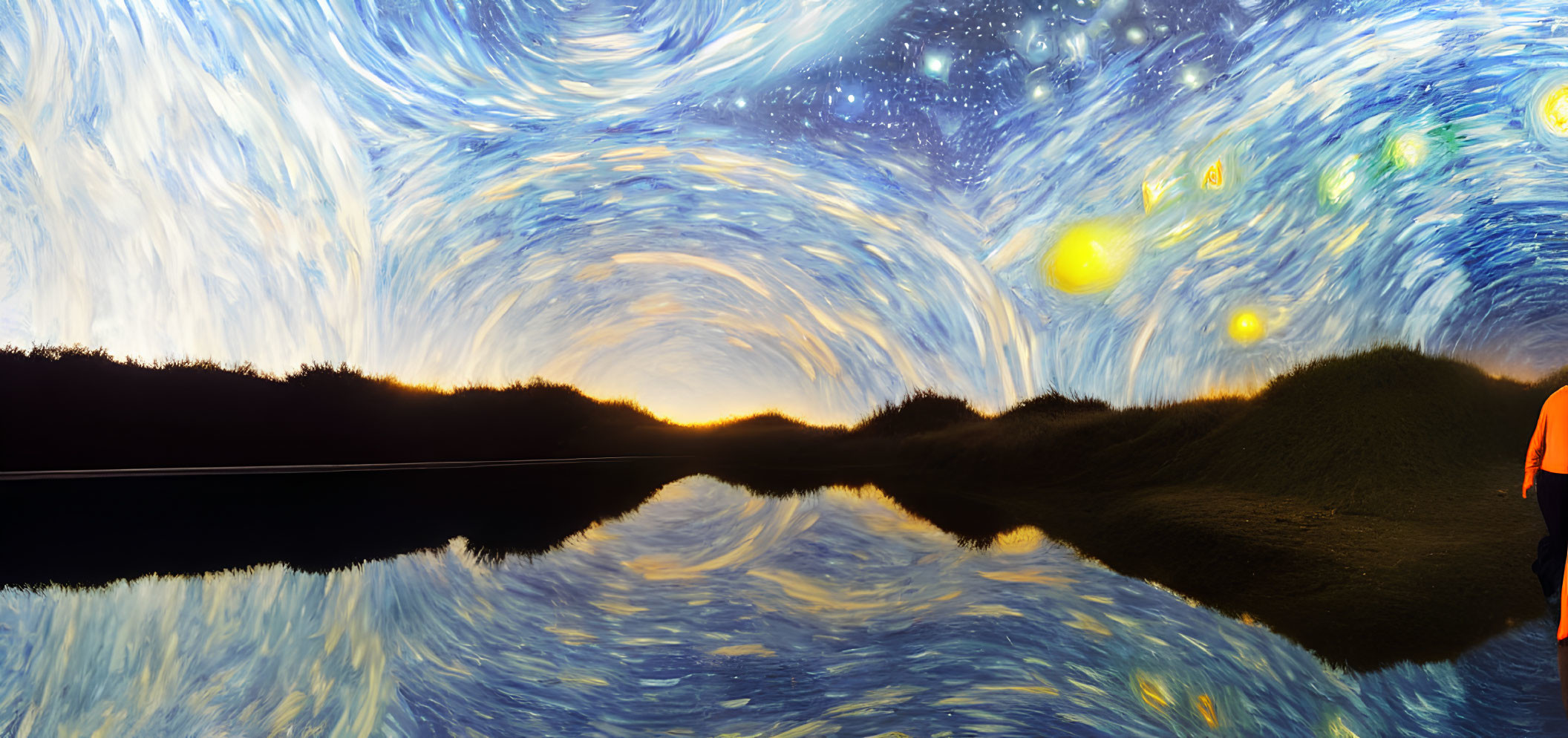Person standing by calm water under swirling starry sky reminiscent of "Starry Night" painting