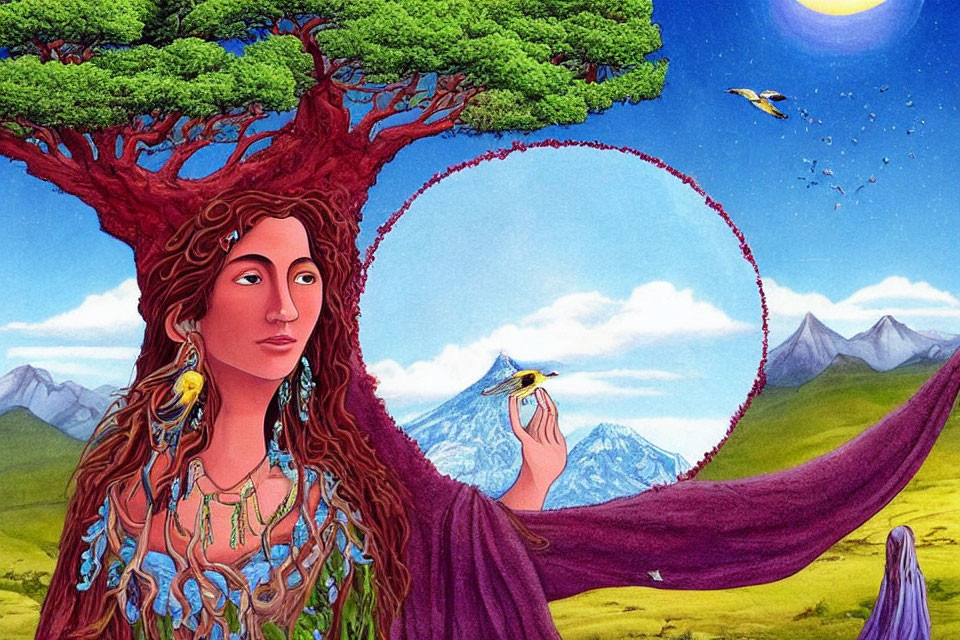 Vibrant illustration of woman with tree-like hair holding hummingbird