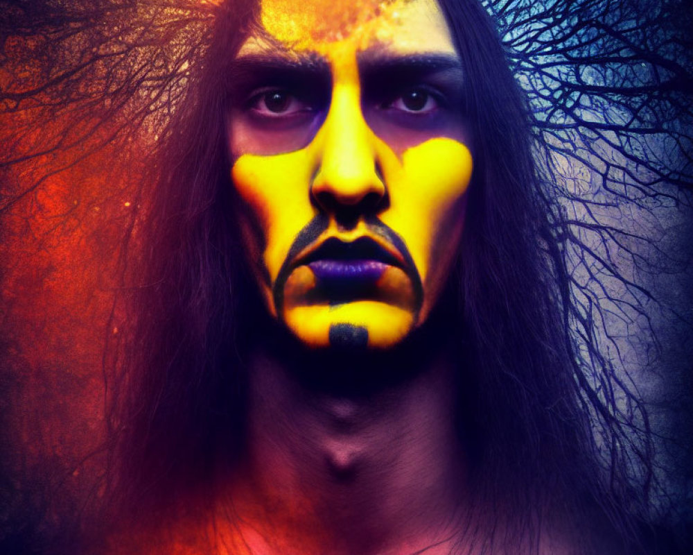 Person with Yellow and Black Tribal Face Paint in Mystical Forest Setting