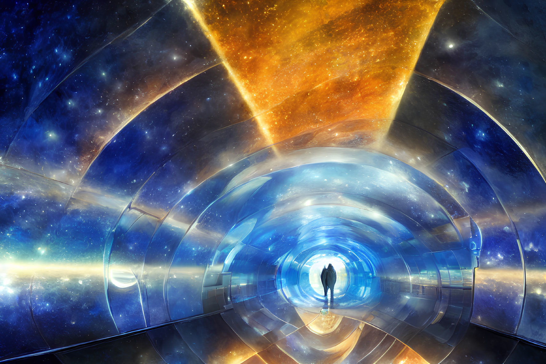 Futuristic tunnel with cosmic imagery and vibrant blue and orange hues