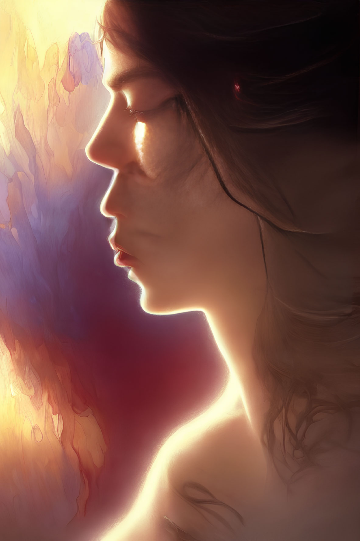 Person's Side Profile with Glowing Edges on Warm Abstract Background