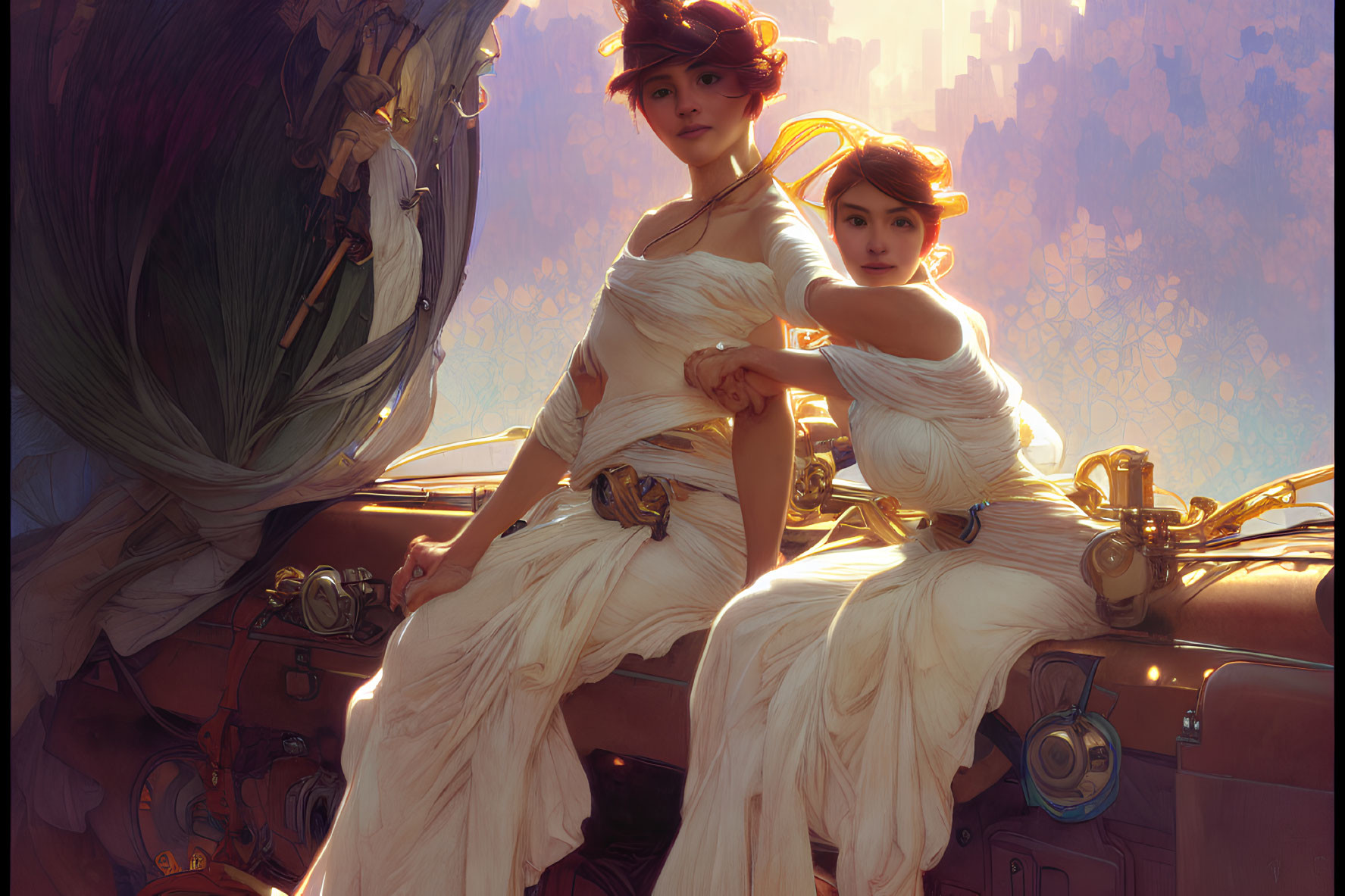 Two women in white dresses on steampunk airship with golden accessories.
