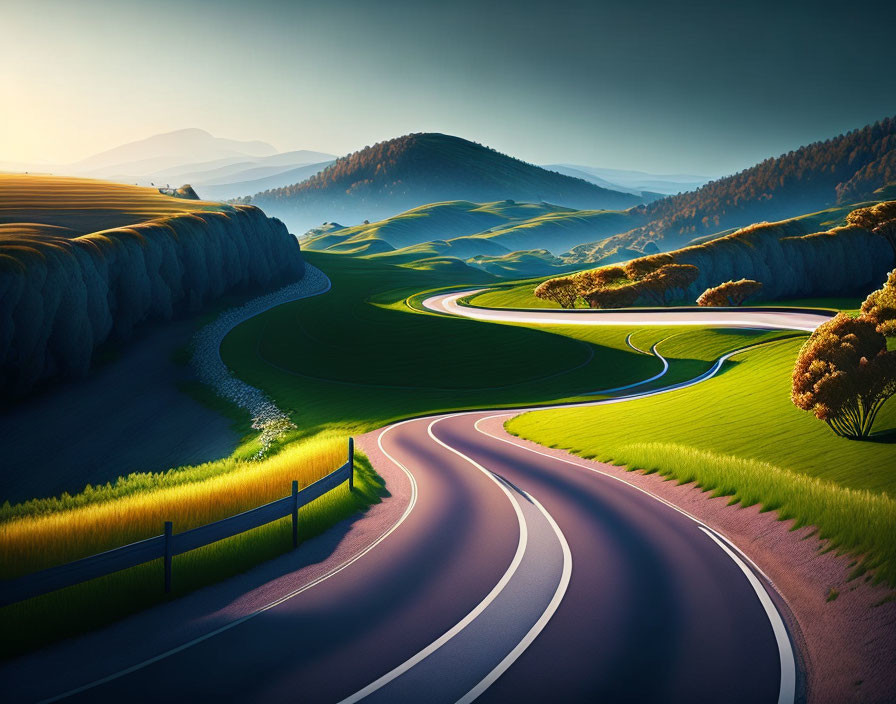 Serene landscape: winding road in lush green hills with golden sunlight