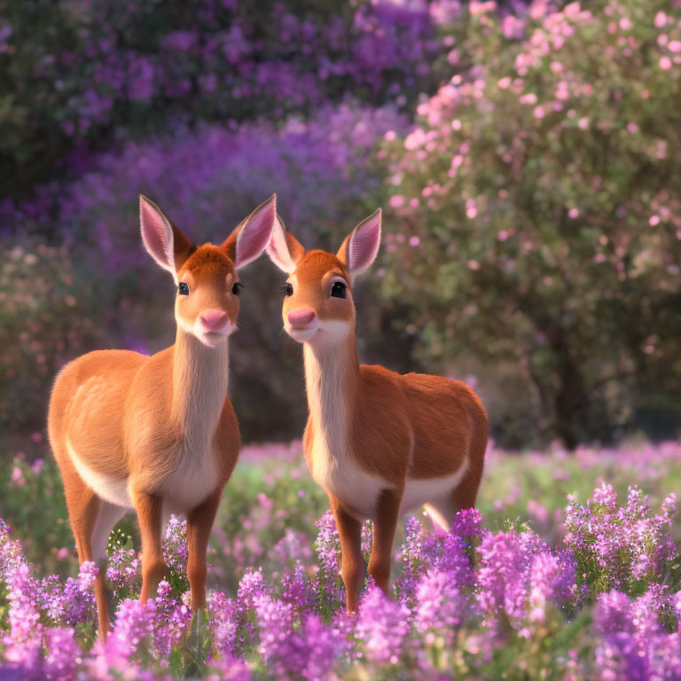 Cartoon deer in field of purple flowers under soft sunlight