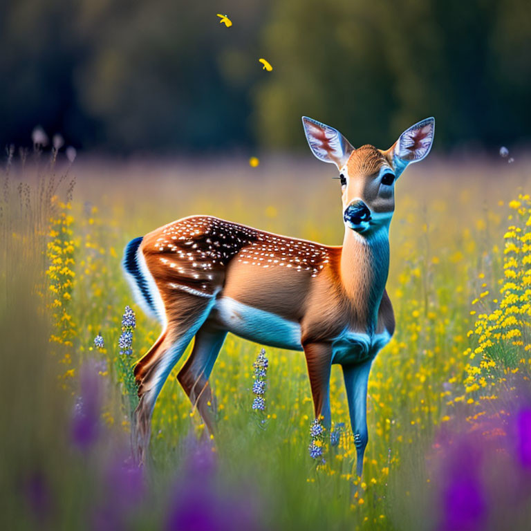 Spotted Deer in Colorful Meadow with Butterflies