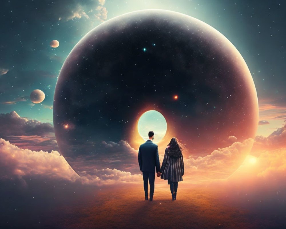 Couple Holding Hands Facing Giant Celestial Sphere at Surreal Sunset
