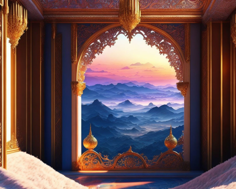 Luxurious Deep Red and Gold Interior Decor Frames Vivid Sunrise Over Misty Blue Mountains