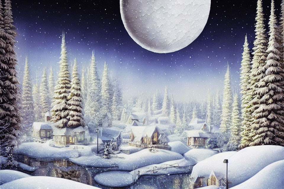Snow-covered winter village at night with full moon