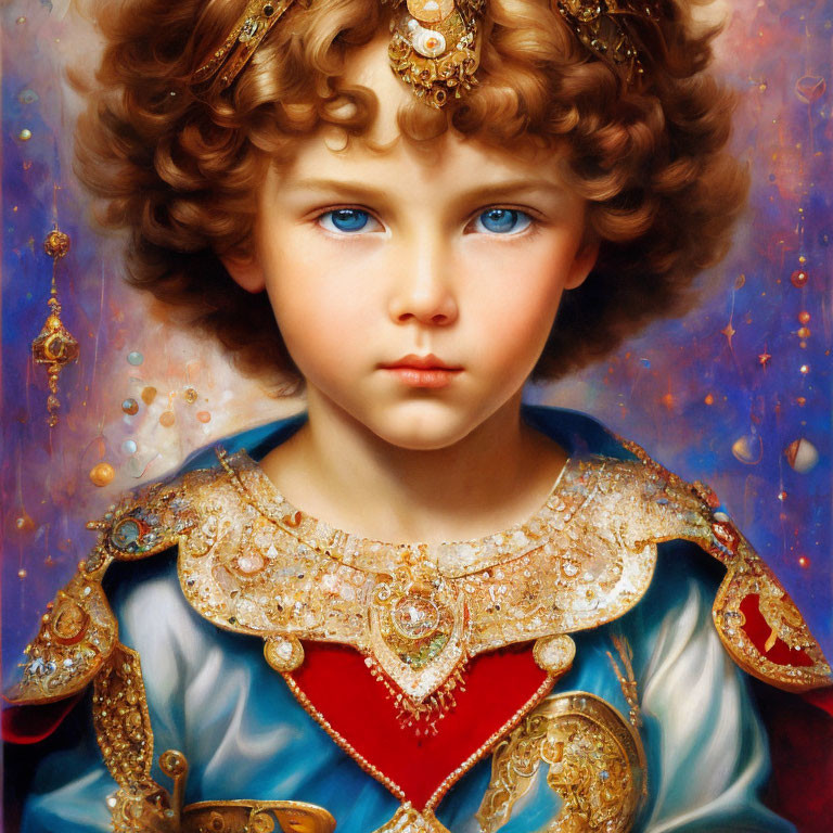 Portrait of child with blue eyes, curly hair, ornate blue and gold costume