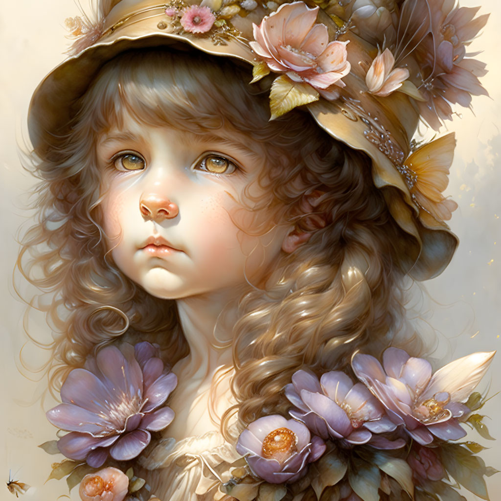 Young girl with curly hair in floral hat and butterflies: digital painting