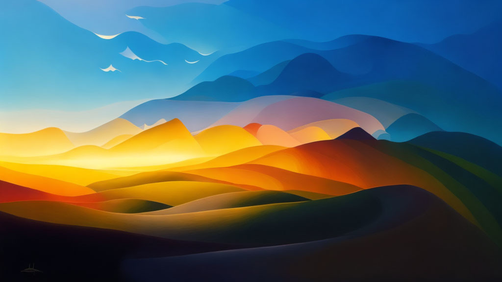 Colorful digital art: Rolling hills with warm foreground gradient, cool mountains, and birds in the sky