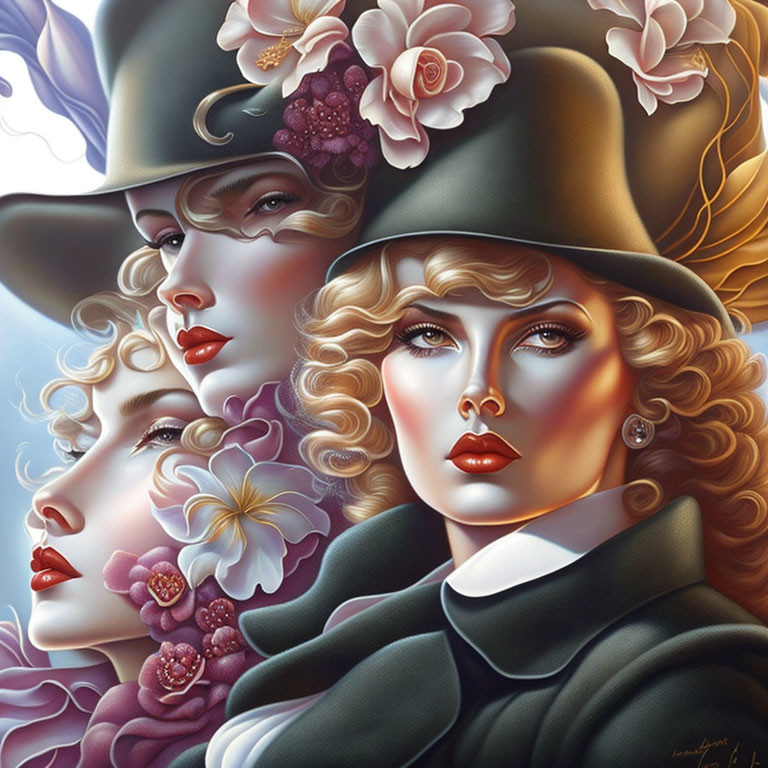 Stylized digital art of three women with flower-adorned hats & bold makeup