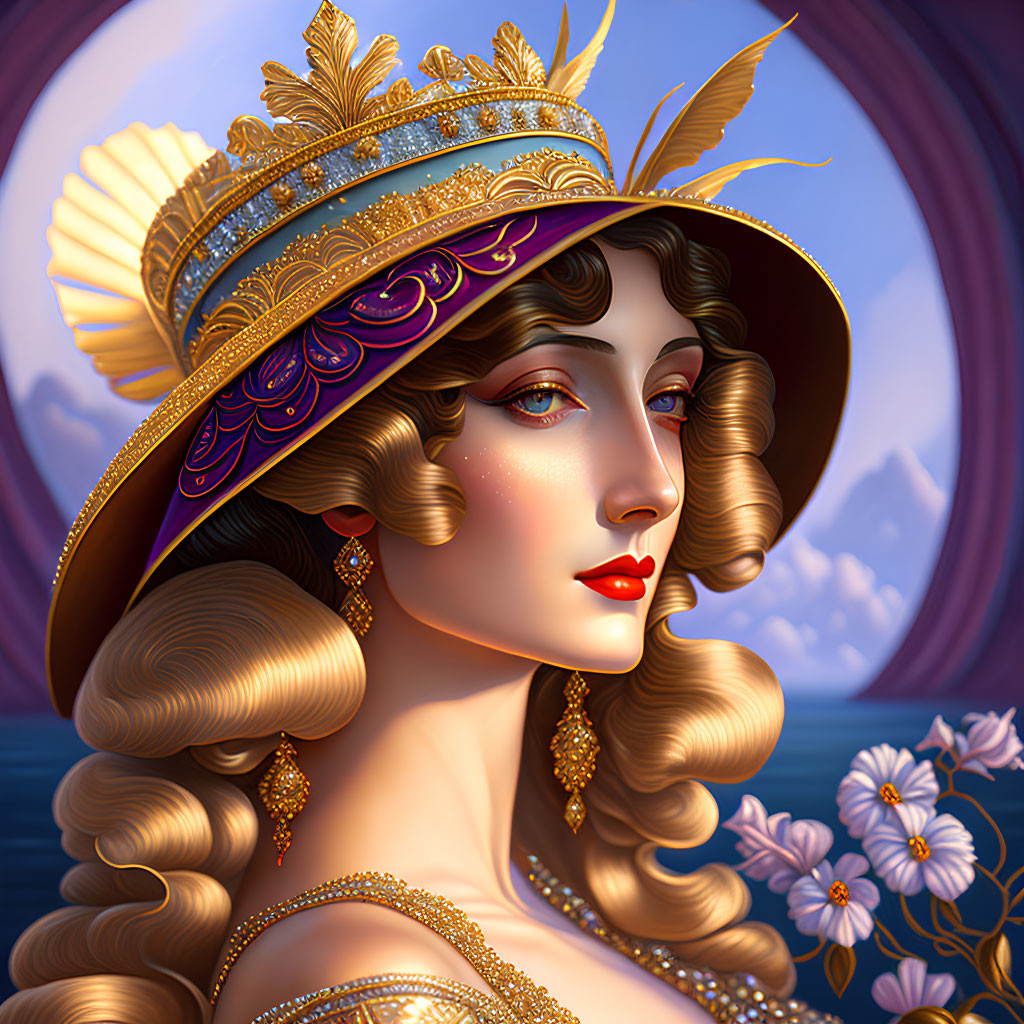 Portrait of Woman with Golden Hair in Purple and Gold Headdress Against Ocean Backdrop