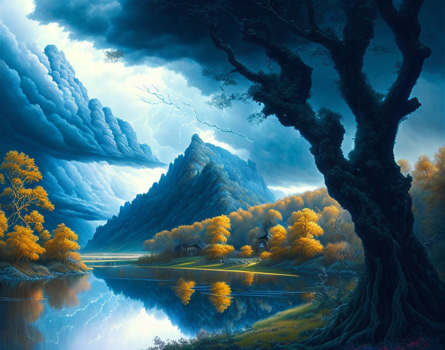 Vivid surreal landscape with mountains, lake, lightning bolt, and golden tree.