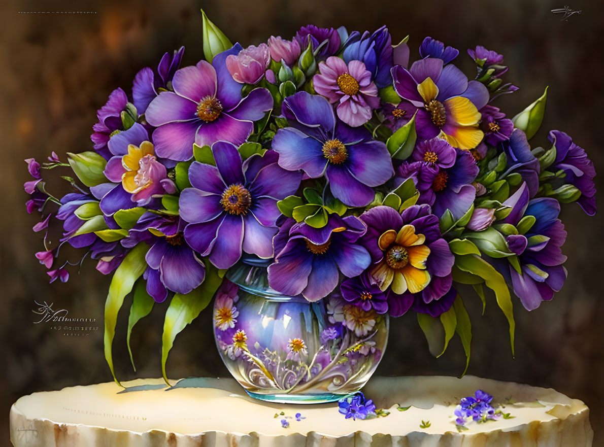 Purple and lilac flowers in decorative vase against blurred brown background
