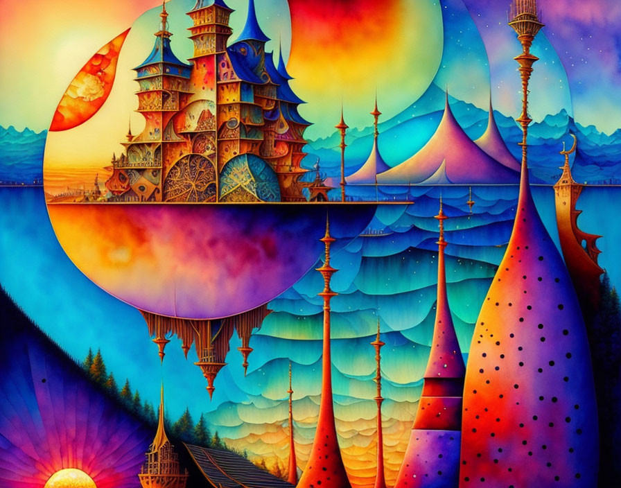 Colorful fantasy painting of whimsical structures against crescent moon.