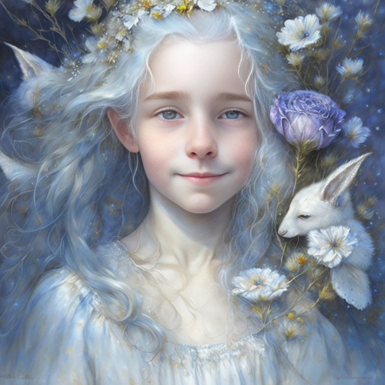 Portrait of young girl with silver hair, blue flowers, and white rabbit in serene setting