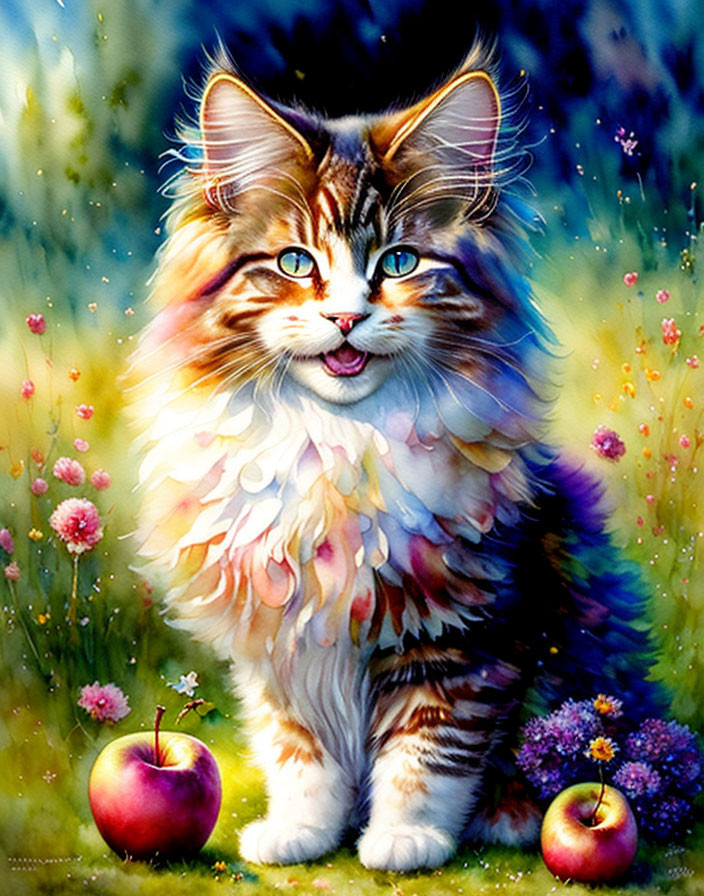 Whimsical fluffy cat with blue eyes in colorful floral setting
