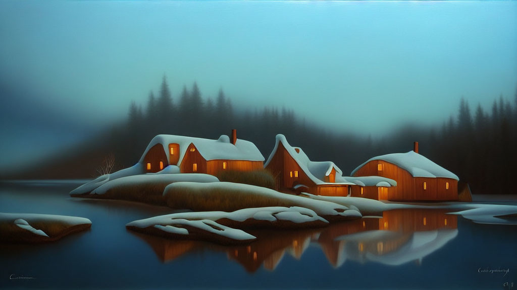 Snow-covered cabins by calm lake in misty winter scene