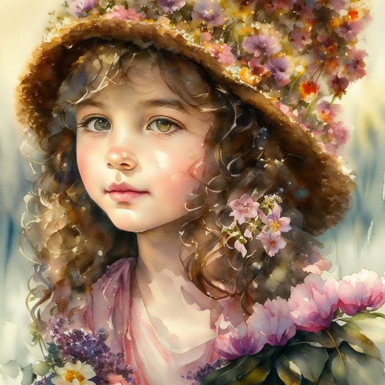 Young girl with curly hair in floral hat and pink top, dreamy expression