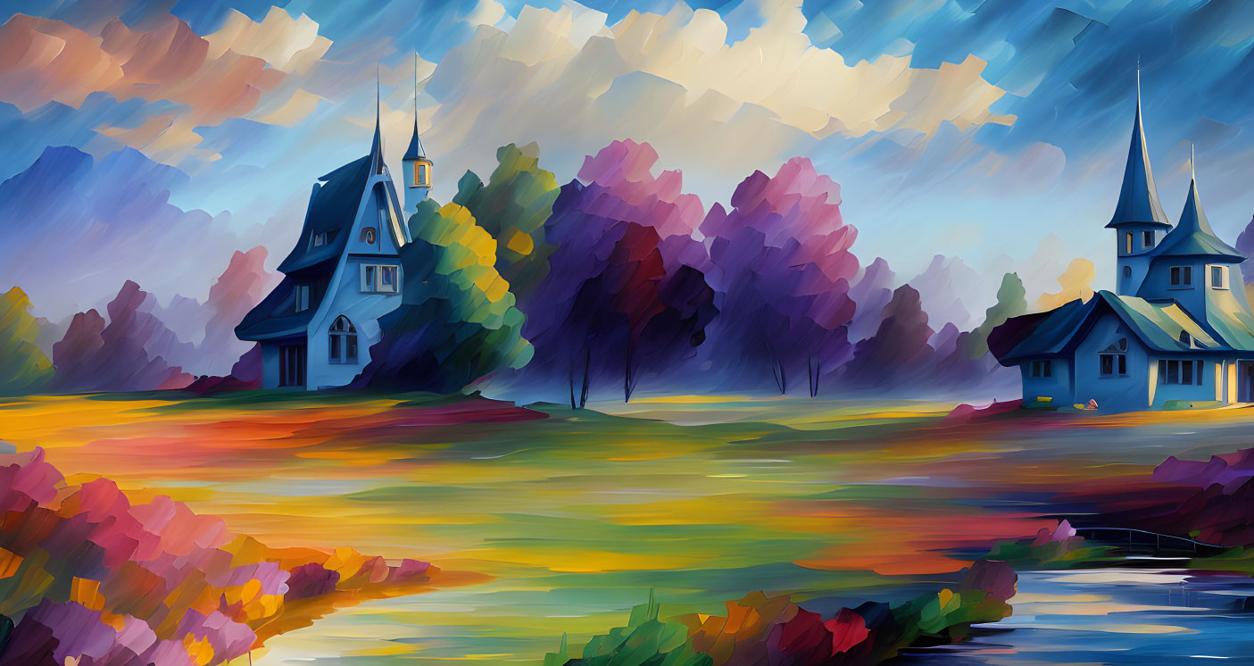 Colorful Impressionistic Landscape Painting with Autumn Trees and Whimsical Buildings