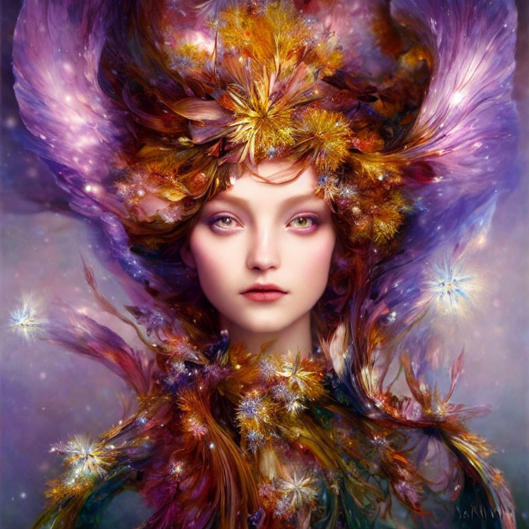 Fantastical female figure with violet eyes and floral crown in luminous aura
