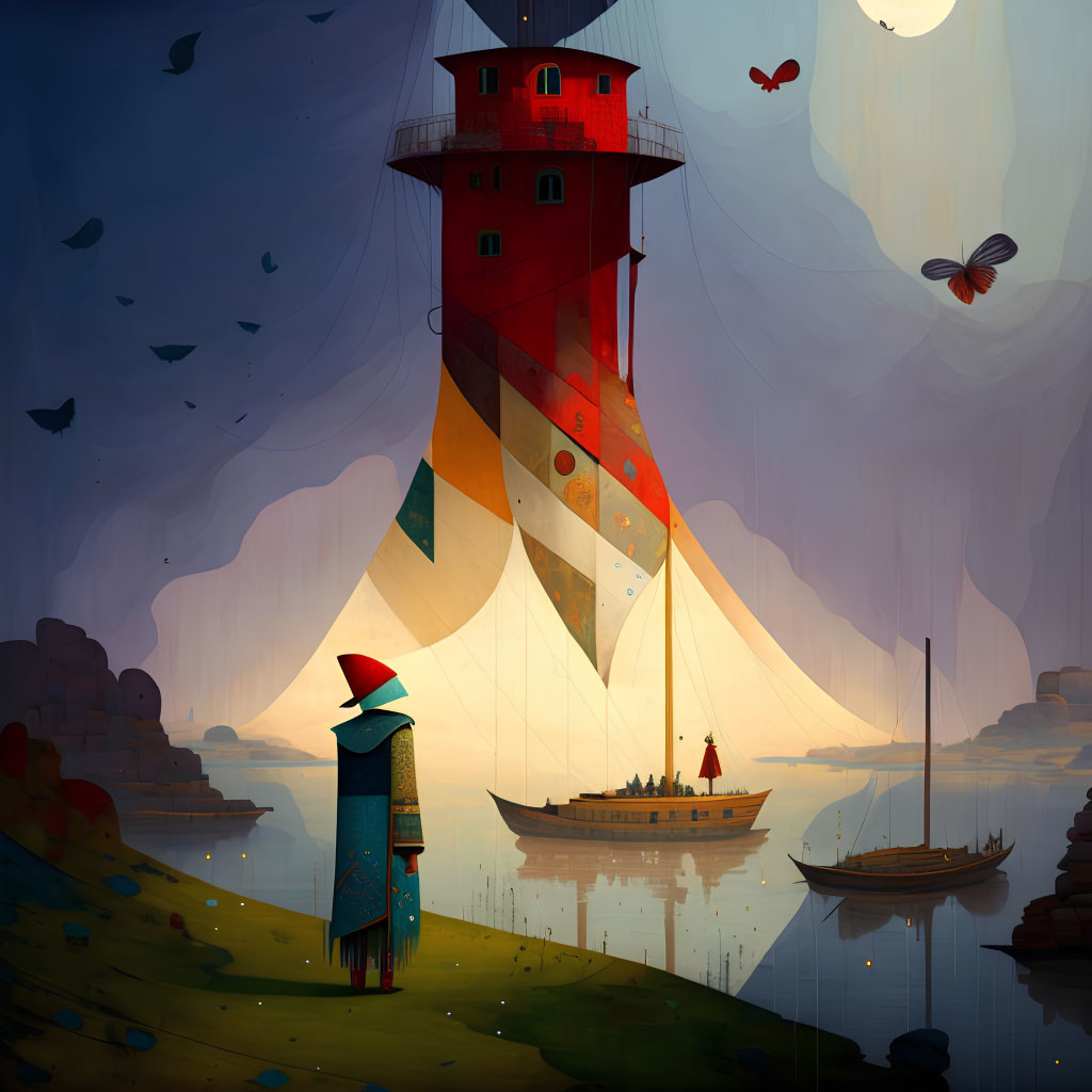 Colorful lighthouse illustration with caped figure and boats in serene dusk.