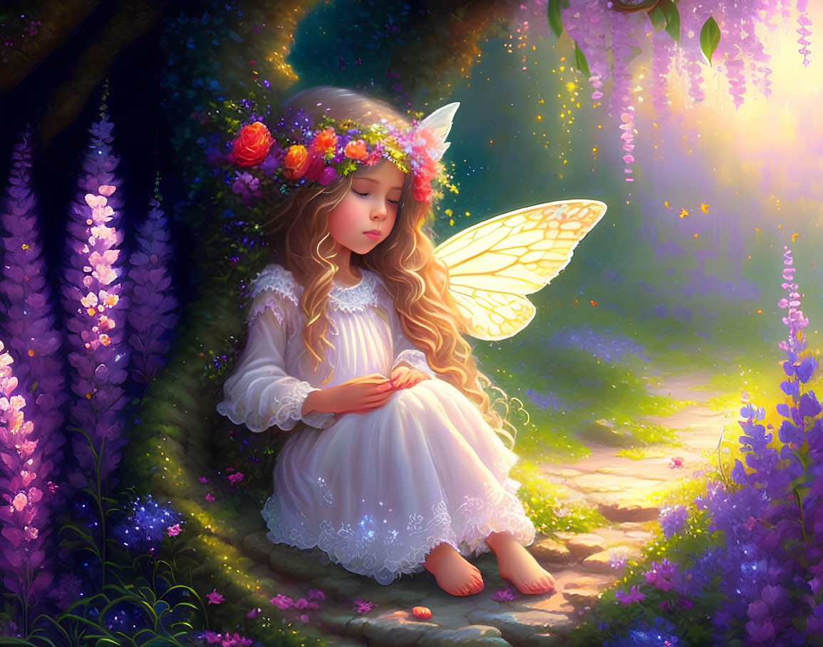 Young fairy girl with wings in enchanted forest among flowers