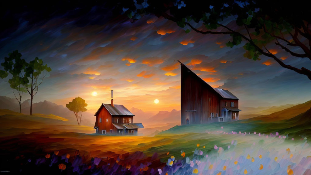 Colorful countryside painting with red barn, house, trees, and flowers under sunset sky