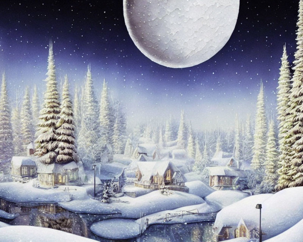 Snow-covered winter village at night with full moon