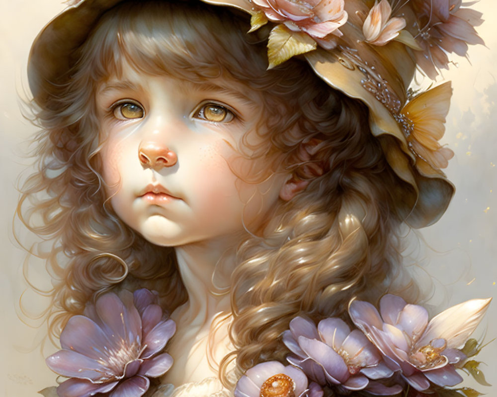 Young girl with curly hair in floral hat and butterflies: digital painting