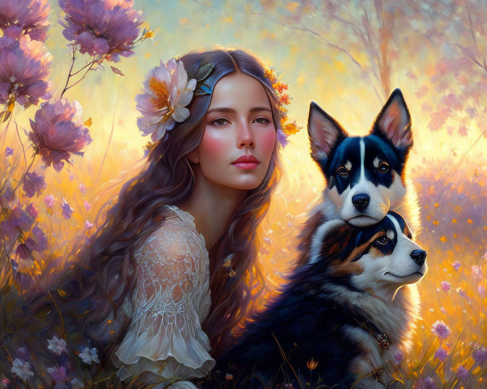 Woman with floral headband and husky dog in flower-filled meadow at sunset.