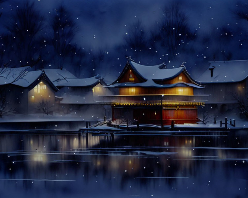 Snowy Night Scene: Traditional Houses by Frozen Lake, Warmly Illuminated