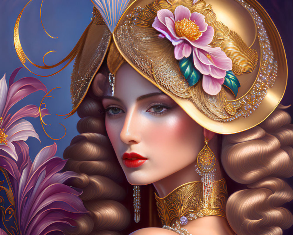 Illustrated woman with golden feathered hat and floral accessories on twilight backdrop