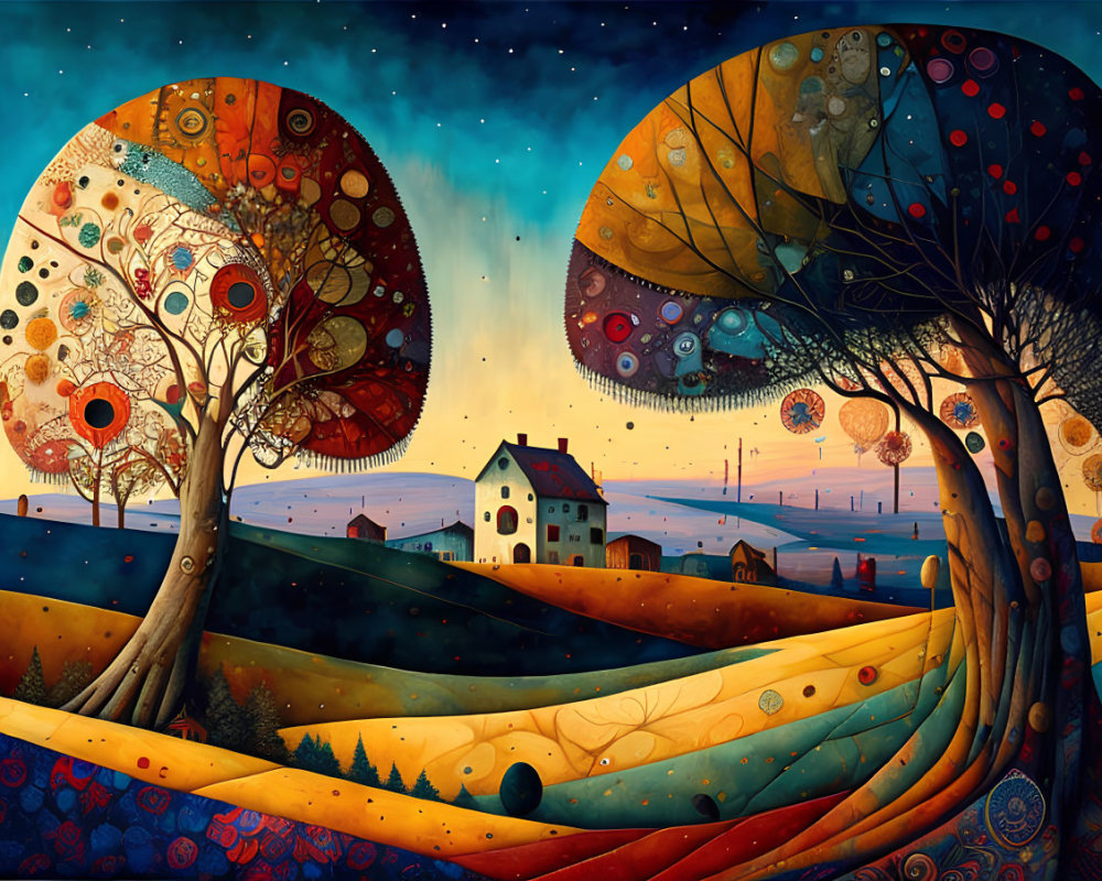 Colorful painting of rolling hills, house, trees under starry sky