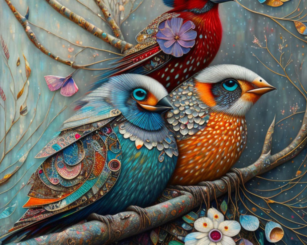 Colorful Birds Perched on Branches with Flowers in Detailed Artistic Style