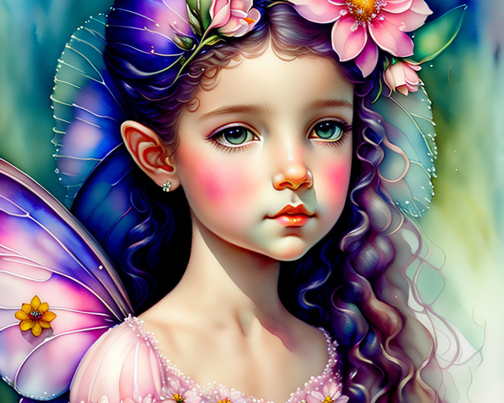 Young girl with fairy wings, purple hair, and blue eyes illustration