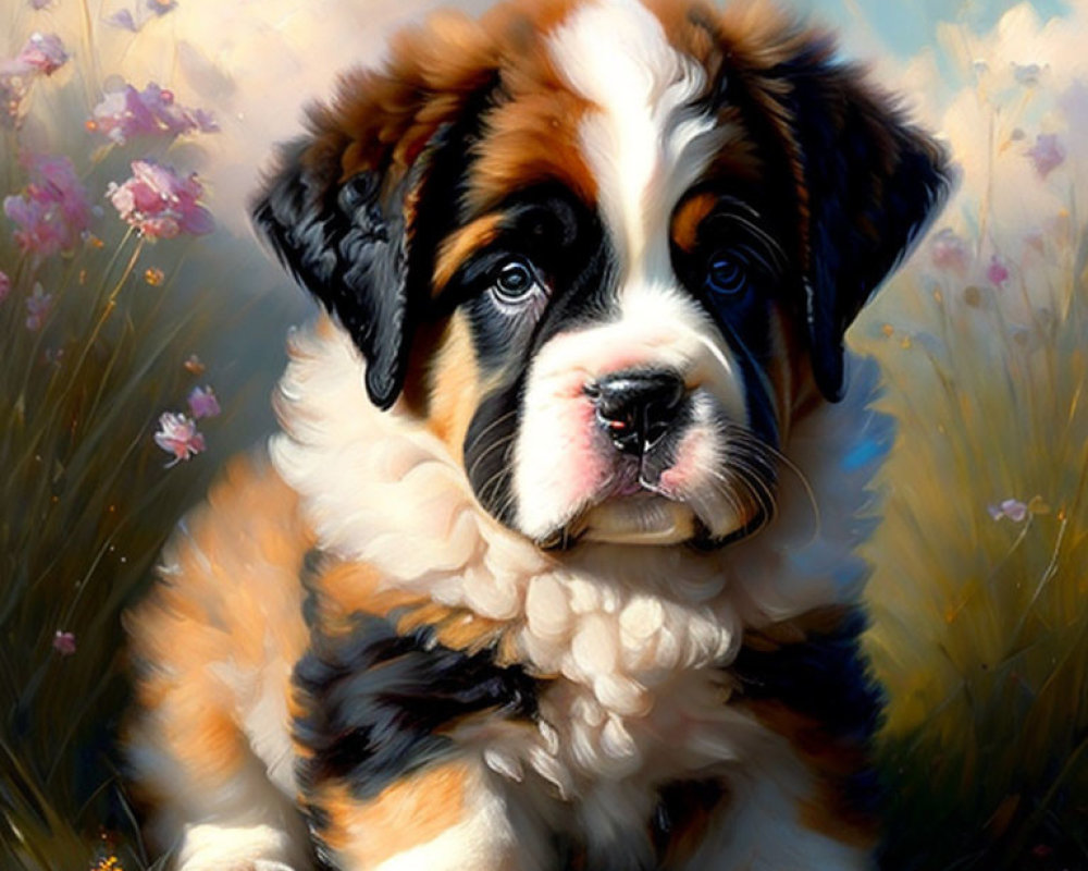 Fluffy Saint Bernard Puppy Surrounded by Blooming Flowers