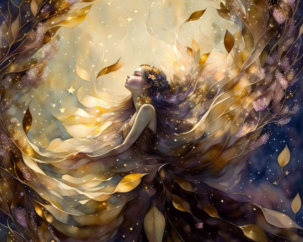 Woman surrounded by leaves and stars in warm gold and brown palette