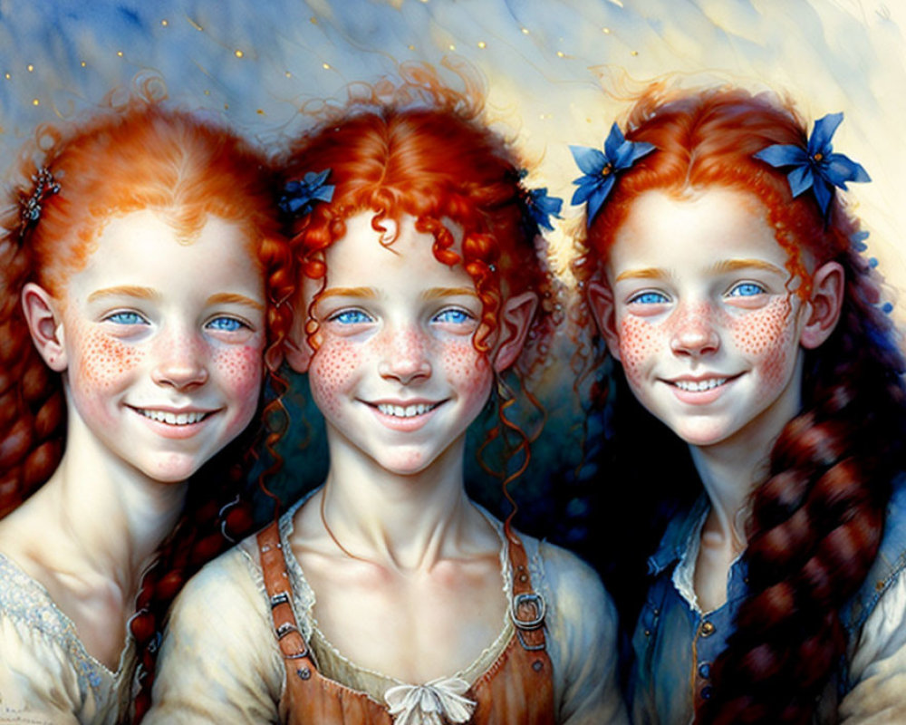 Three red-haired girls with freckles and blue flowers in their hair on a soft background