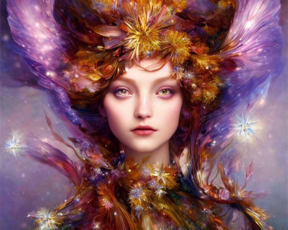 Fantastical female figure with violet eyes and floral crown in luminous aura