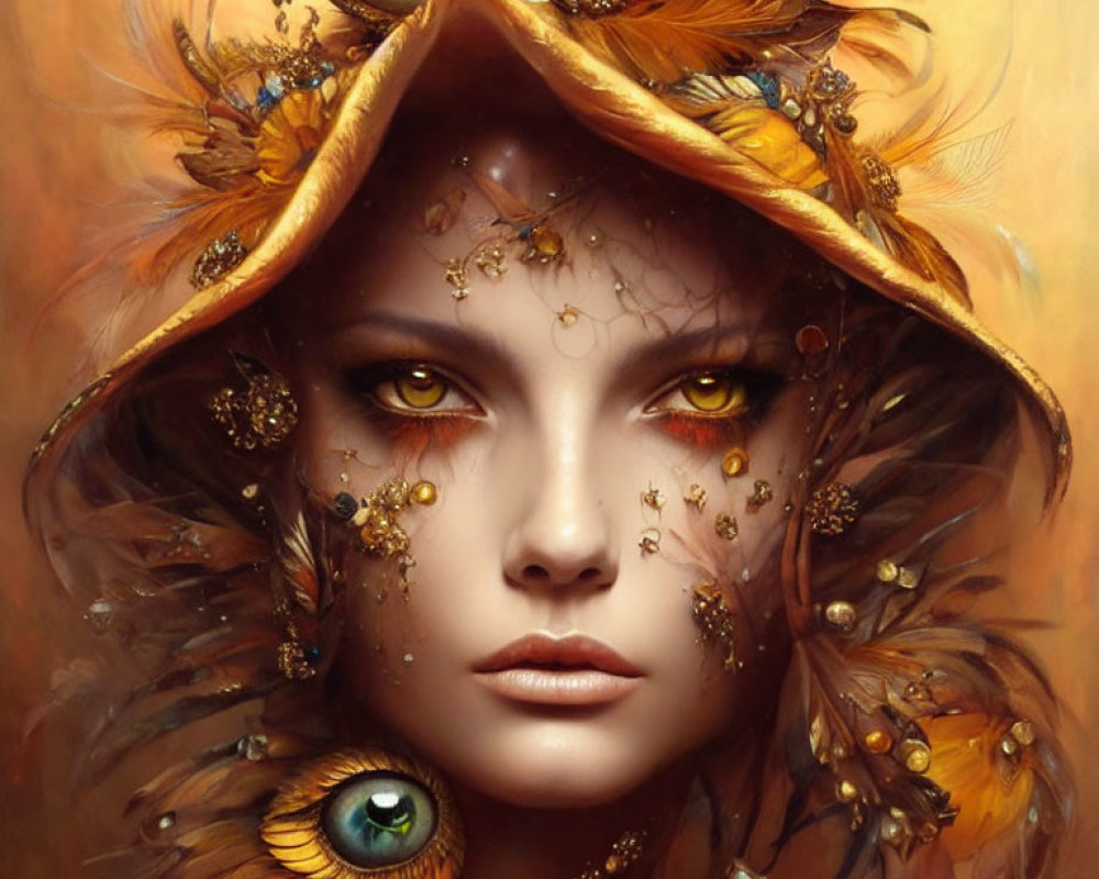 Fantasy portrait of woman with autumnal feathers and owl eye hat