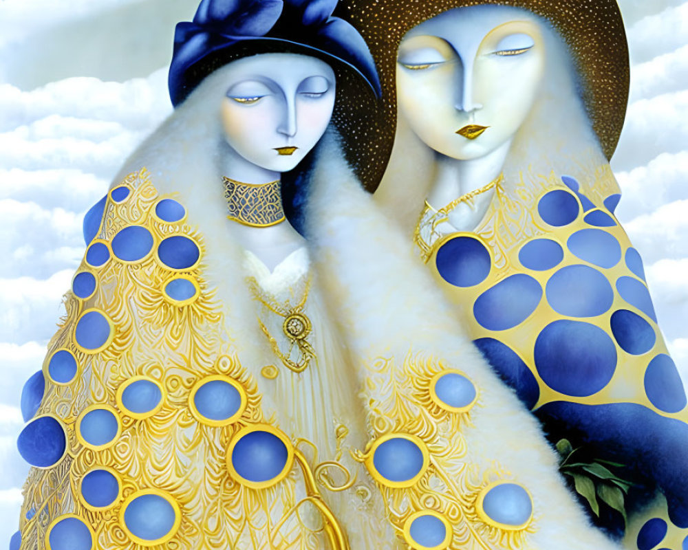 Surreal stylized figures with blue hat and golden halo in unique cloaks