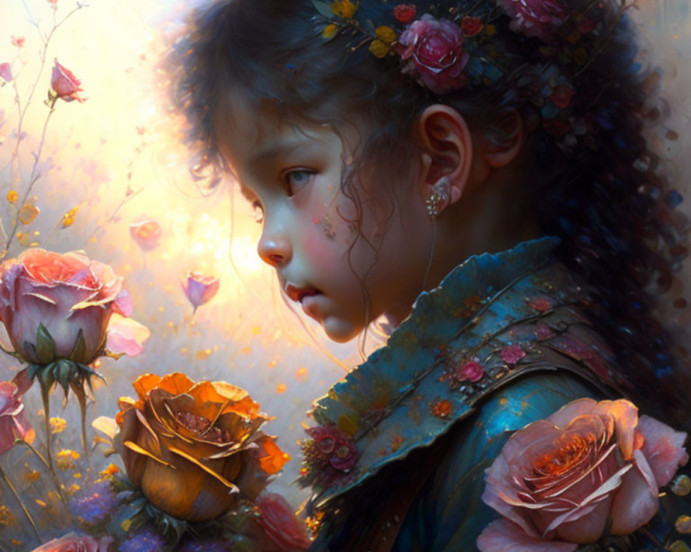 Young girl with flowers in hair, surrounded by roses in dreamy ambiance