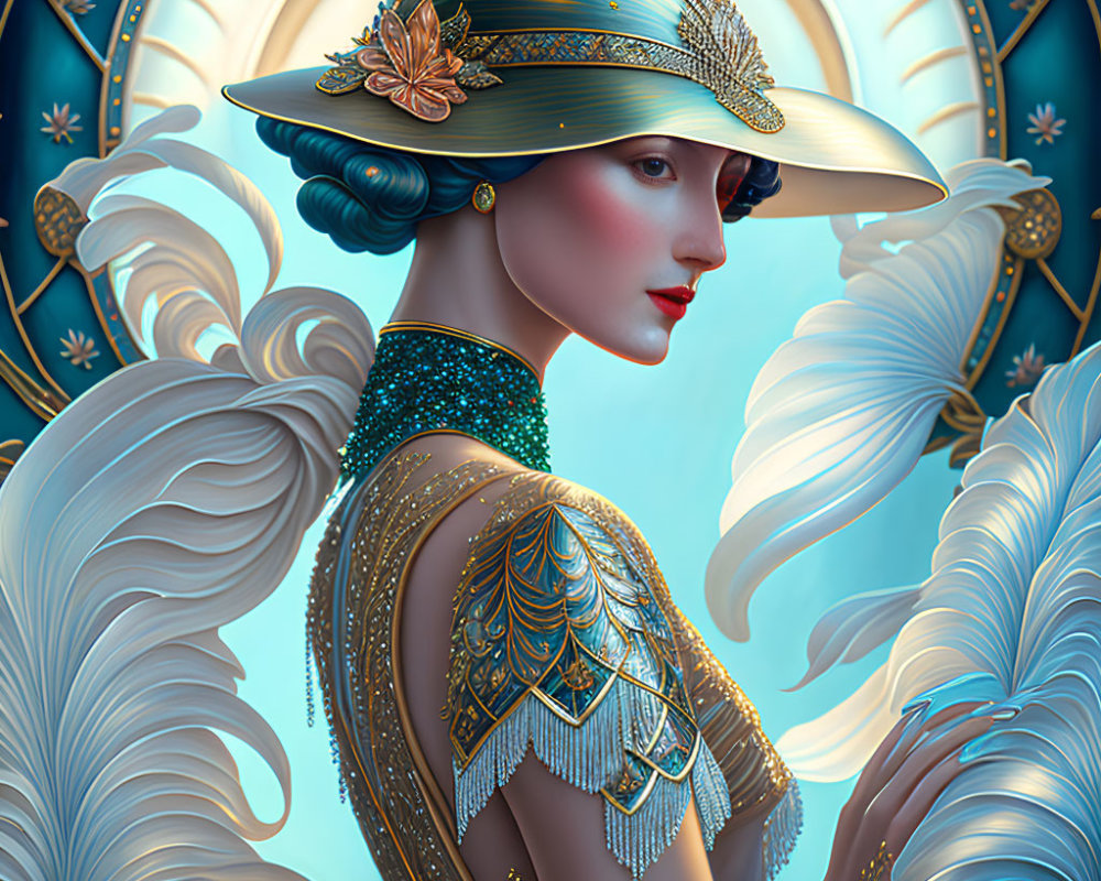 Stylized illustration of woman with blue hair in ornate outfit against art nouveau backdrop