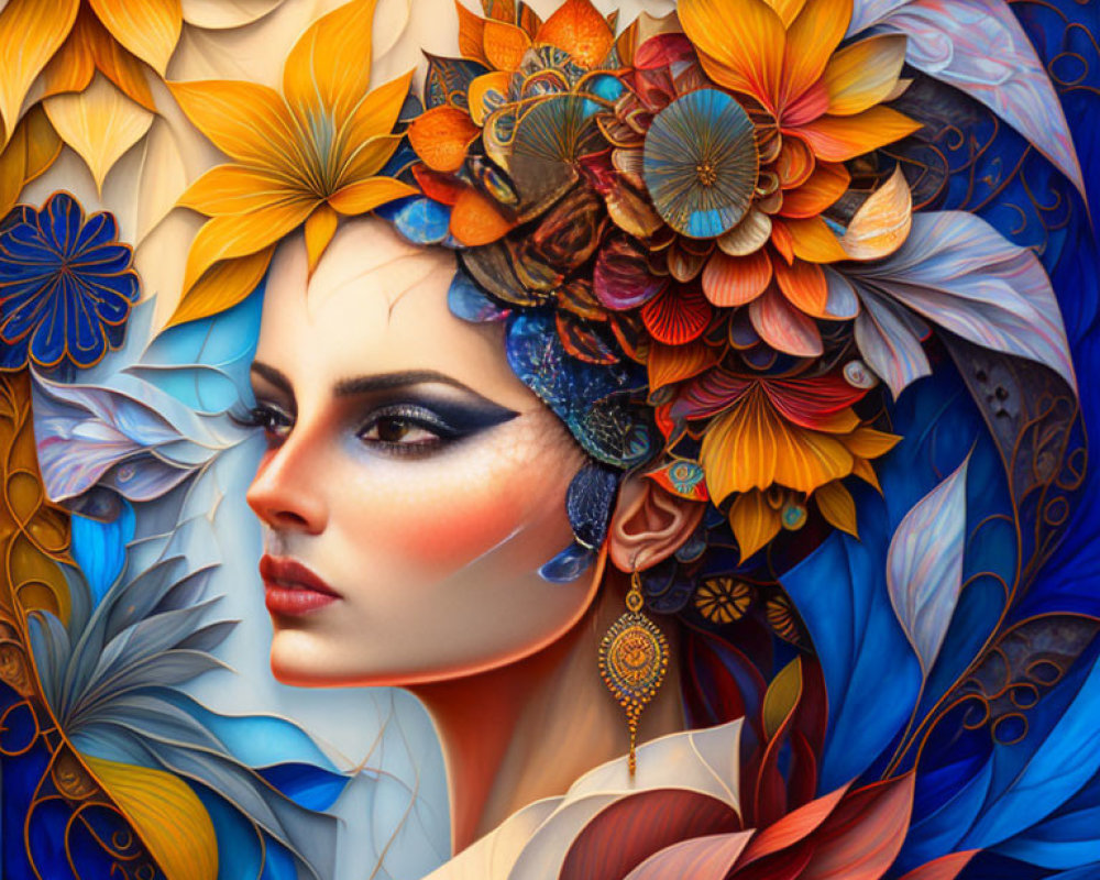 Colorful Floral Patterns Surrounding Woman's Face