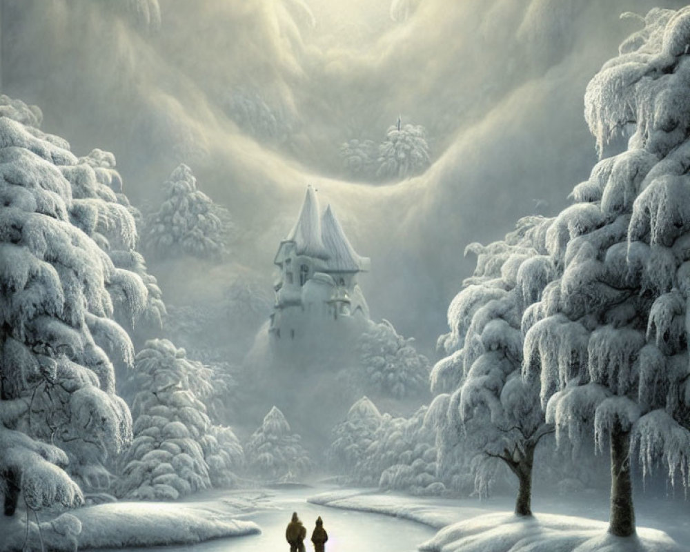 Snowy winter path with figures walking towards illuminated castle