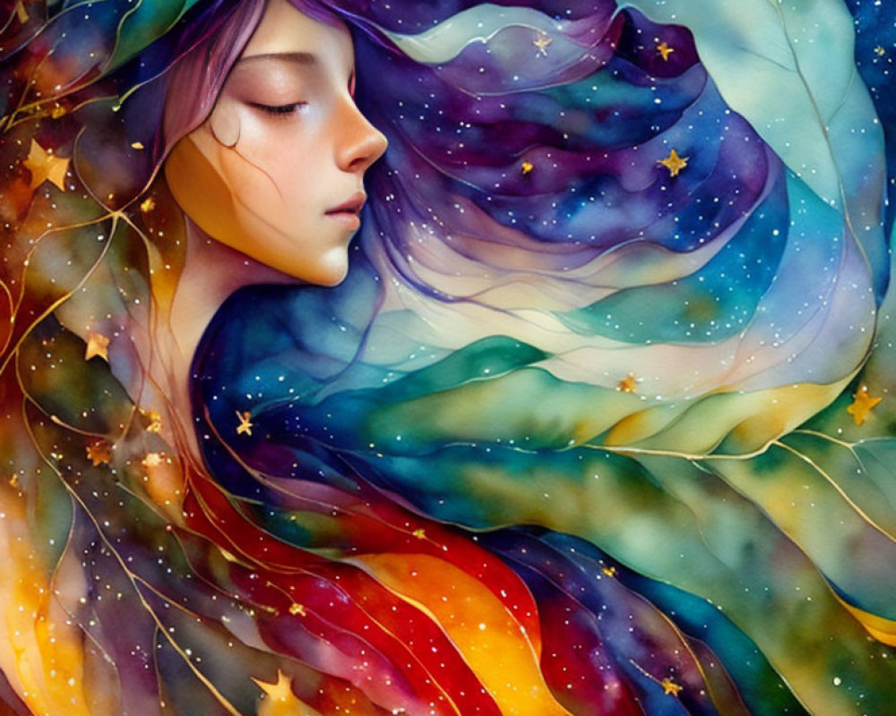 Vibrant illustration of woman with galaxy hair in cosmic night sky